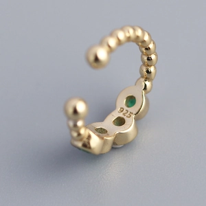 Minimalist S925 sterling silver gold ear cuff with green gemstones and C-shaped opening