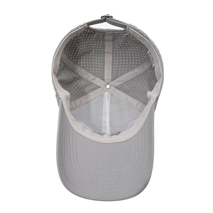 Breathable grey quick-dry baseball cap with laser-cut ventilation holes and mesh lining