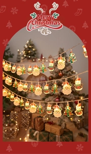 Detail view of Santa, snowman and Christmas tree shaped warm LED string lights decor