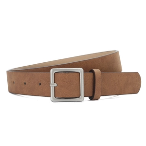 Brown suede leather belt with a silver square buckle on a clean white background