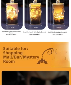 Detail view of Halloween LED candle lights with skull and pumpkin patterns