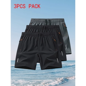 Three-pack of quick-dry athletic shorts featuring side zipper pockets and elastic waistband