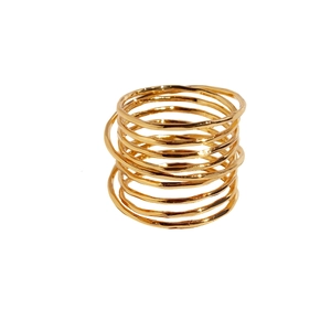 Golden multilayer spiral wide band ring with irregular stacked lines for a modern look