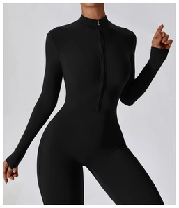 Detailed view of the front zipper and high-neck collar on a black fitness bodysuit