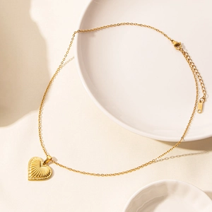 18k gold plated stainless steel heart necklace with sunburst texture and O-chain