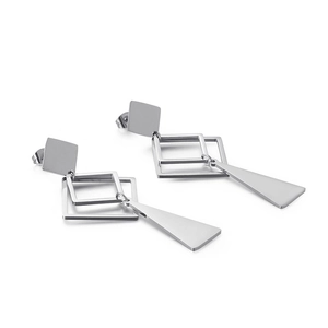 Minimalist silver geometric earrings with layered square studs and long triangle pendants