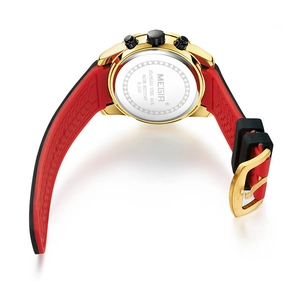 MEGIR sports watch back view with golden stainless steel case and dual-tone silicone strap