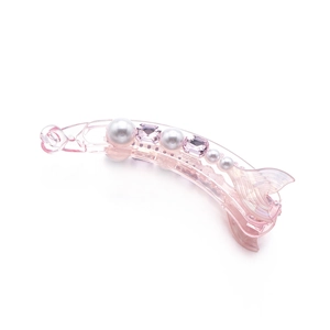 Pink transparent fish tail banana hair clip with pearls and sparkling rhinestones
