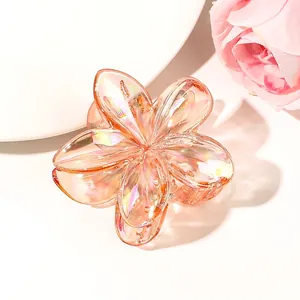 Detailed macro view of a translucent aurora gradient floral hair claw clip in soft pink