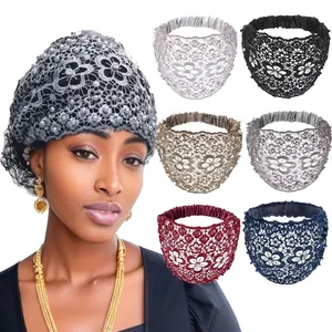Wide Lace Beaded Headband For Women Hollow Floral Hair Band With Imitation Artificial Pearls Rhinestones Vintage Elastic Headwrap