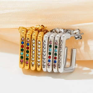 Rectangular Hoop Earrings Stainless Steel Colorful Cubic Zirconia Geometric Minimalist Jewelry For Women