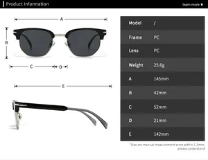Detailed size guide showing frame dimensions for men's square classic sunglasses