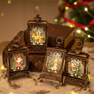 Christmas Lantern Snow Globe Night Light With LED Warm Glow Swirling Glitter Antique Bronze PVC Retro Holiday Decoration
