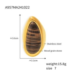 Macro detail of tear-drop wood grain stone ring in 18k gold plated stainless steel