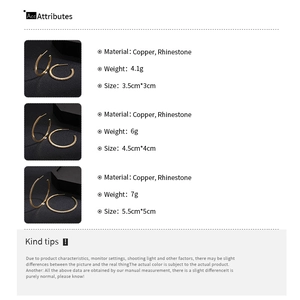 Detailed size specifications for small, medium and large rhinestone hoop earrings