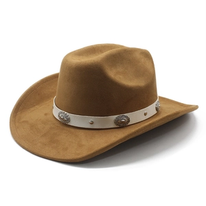 Classic camel faux suede western cowboy hat with white leather band and silver conchos