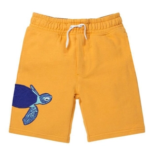 Kids yellow cotton shorts with elastic drawstring waist and sea turtle print on leg