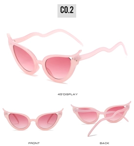 Cat eye sunglasses with pink frames and red gradient lenses showing multiple angles