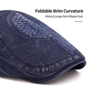 Vintage navy denim ivy cap with woven texture and foldable wide brim for men and women