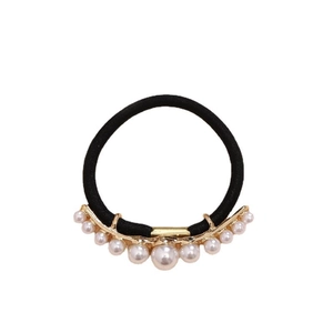Elegant black hair tie with graduated faux pearls and gold alloy metal accents