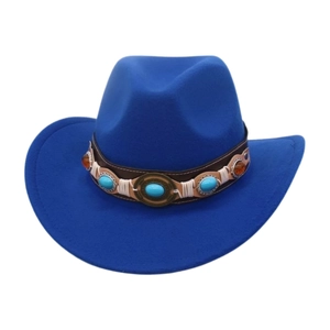 Detail of royal blue felt jazz hat featuring ethnic leather band and turquoise accents