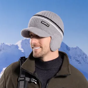 Men Winter Knit Hat With Ear Flaps Acrylic Fleece Lined Thermal Windproof Outdoor Sports Baseball Cap Style