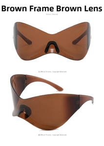Front and side views of tea brown Y2K oversized wrap-around sunglasses with flat top
