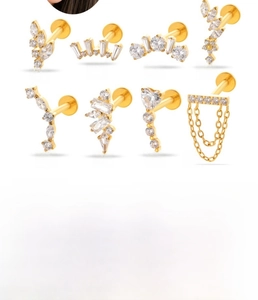 Detailed set of eight golden titanium alloy labret studs with inlaid zircon crystals