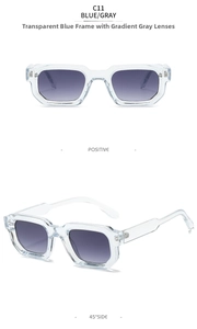 Detailed front and 45-degree views of vintage square sunglasses in transparent blue