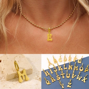 Gold plated stainless steel 26 initials chunky letter pendants with bead chain necklace