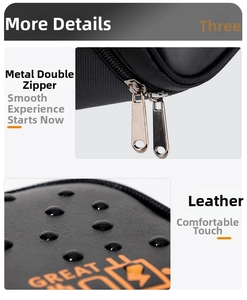 Detail of the black leather tech organizer with dual metal zippers and orange accent text