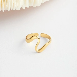 Minimalist gold irregular snake wave open ring with polished metallic finish on white