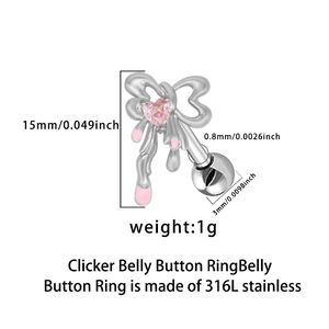 Macro detail of silver bow belly button ring with pink heart zircon and 316L steel dimensions