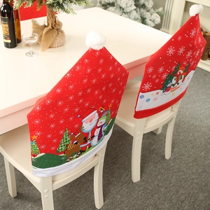 Christmas chair covers featuring Santa and Snowman prints on a classic red background