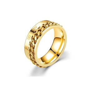 Polished gold rotatable titanium steel chain ring featuring engraved Roman numeral details