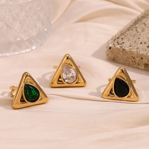 Three 18K gold-plated stainless steel rings with emerald, black, and clear teardrop stones