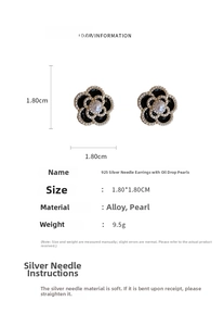 Detailed view of camellia flower earrings with pearls and 925 silver needle size 1.8cm