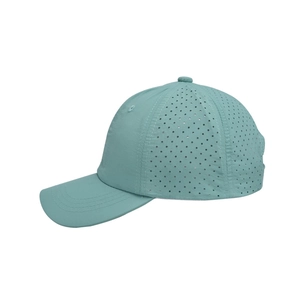 Detailed view of breathable laser-cut holes on the mint green quick-dry mesh baseball cap