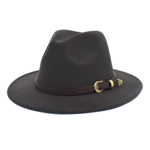 Detail of charcoal wool fedora with brown leather band and gold vintage buckle