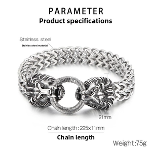 Detailed specs of men's stainless steel lion head bracelet with fox chain dimensions