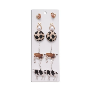 5-pair set of gold-tone heart and pearl earrings with leopard and cow print charms