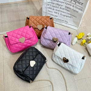 Women Quilted Crossbody Bag PU Leather Heart Shaped Lock Golden Chain Strap Rhomboid Pattern Elegant Shoulder Bag