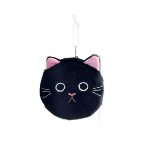 Cute black cat plush coin purse keychain with soft fur and pink embroidery details