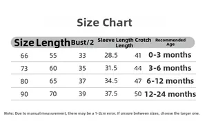 Size chart for baby cartoon plush romper with length and age guide for 0-24 months