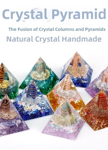 Detailed collection of handmade Orgone pyramids with various natural crystal stones