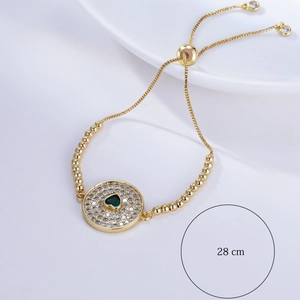 Adjustable gold bracelet with green heart gemstone and zircon halo on 28 cm chain