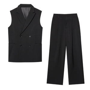 Women Double Breasted Vest And High Waist Wide Leg Pants Polyester Solid Color Business Casual Office Streetwear