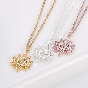 Minimalist hollow lotus pendant necklaces in gold, silver, and rose gold finishes