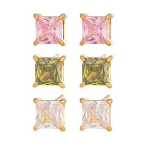 Square cz stud earrings in pink, green and clear white stones with 18k gold plated finish