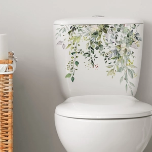 Floral watercolor self-adhesive toilet stickers with green leaves for bathroom decor